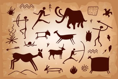 İlk insanların mağara siluetleri, atlarla, geyiklerle ve boğalarla birlikte antik kaya resimleri tarzında ele geçirildi. Duvarlardaki tarih öncesi çizimler, vektör illüstrasyonundaki antik semboller