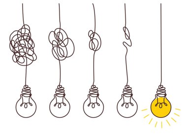 Karmaşık kaos kavramına sahip ampuller. Başından beri karmaşıktı. Karmaşık berraklık ya da el çizimi biçimdeki yol. Vektör illüstrasyonu