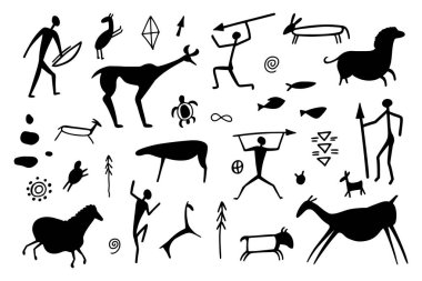 İlk insanların mağara siluetleri, atlarla, geyiklerle ve boğalarla birlikte antik kaya resimleri tarzında ele geçirildi. Duvarlardaki tarih öncesi çizimler, vektör illüstrasyonundaki antik semboller