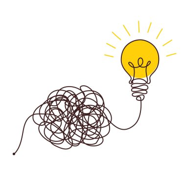 Kafa karışıklığı berraklığı ya da yol kavramı fikri ampullerle. Karışık kabloların yolculuğu parlak bir ampulü işaret ediyor. İş çözümleri aranıyor. Vektör illüstrasyonu.