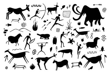 Taş üzerine mağara resmi, tarih öncesi insanlardan, hayvanlardan, silahlardan oluşan antik bir duvar. Kabile siluetinin ilkel kadın ve erkekleri. Vektör mağara adamı sanat geçmişi.