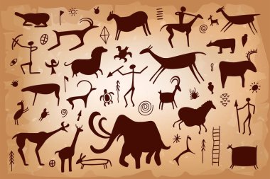 Taş üzerine mağara resmi, tarih öncesi insanlardan, hayvanlardan, silahlardan oluşan antik bir duvar. Kabile siluetinin ilkel kadın ve erkekleri. Vektör mağara adamı sanat geçmişi.