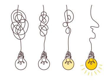 Light bulbs with confused concept of chaos. Complex way from start to idea. Tangle clarity or path in hand drawn style. Vector illustration clipart