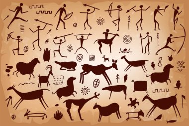 Taş üzerine mağara resmi, tarih öncesi insanlardan, hayvanlardan, silahlardan oluşan antik bir duvar. Kabile siluetinin ilkel kadın ve erkekleri. Vektör mağara adamı sanat geçmişi.