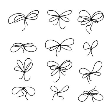 Hediye yayı kurdele çizgisi ikonu hazır. Karalama tarzında el çizimi düğümler. Tatil dekorasyonu ve mevsimlik tasarımlar için vektör illüstrasyonu mükemmel.