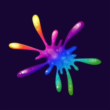 Canlı renklerle gökkuşağı sümüğü çizimi. Şeffaf bir arkaplanda gökkuşağı sıçrama koleksiyonu. Çizimlerinize eğlenceli, zehirli görünümlü sıçramalar ve sıvı efektler eklemek için harika..