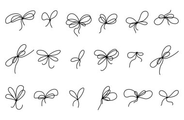 Kurdele yayları basit bir çizgi tasarımıyla ayarlandı. Basit taslak düğümler, temiz, el çizimi tarzında. Paketleme ve şenlikli dekorasyon için vektör illüstrasyonu ideal.