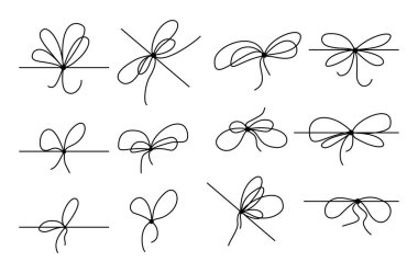 Kurdele yayları basit bir çizgi tasarımıyla ayarlandı. Basit taslak düğümler, temiz, el çizimi tarzında. Paketleme ve şenlikli dekorasyon için vektör illüstrasyonu ideal.