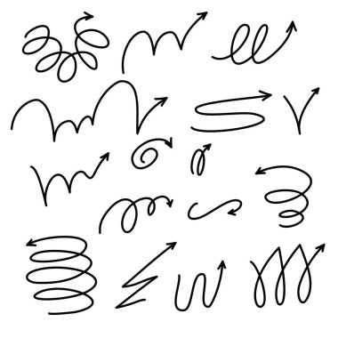 Hareket zıplayan ok seti, el çizimi çizgi dizaynı spirali. Etkileyici atlama etkisi. Spor için top hareketli yolları da içeriyor. Vektör çizimi izole edildi.