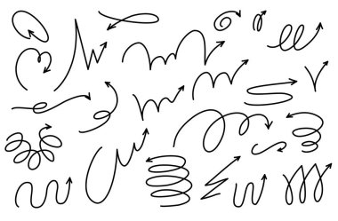 Hareket zıplayan ok seti, el çizimi çizgi dizaynı spirali. Etkileyici atlama etkisi. Spor için top hareketli yolları da içeriyor. Vektör çizimi izole edildi.