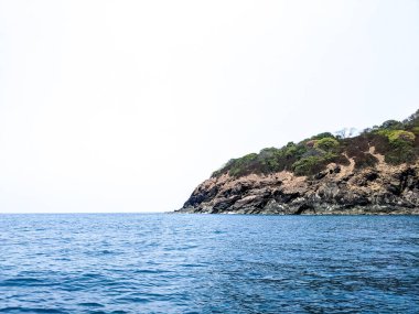 Siyah kayalar ve beyaz gökyüzü olan bir okyanusun yanında İzlanda