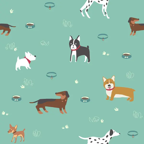 Kusursuz bir desen, arka planda köpekler var. Farklı türler. Corgi, Chihuahua, pug-dog. Dalmaçyalı, Spitz. Kahverengi köpekle izole edilmiş parmak izi. Çocuklar için sevimli hayvanlar. Paket kağıdı, tişört.