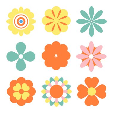 70 'ler Retro Renkli Çiçekler Seti, 1970, Groovy tarzı, Turuncu, yeşil, sarı, pembe Daisy çiçekleri. Hippi çıkartmaları. Vektör illüstrasyonu