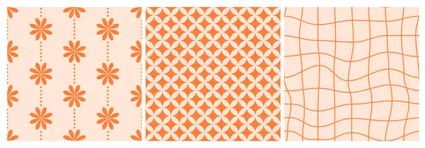 1970 model klasik model arka plan Orange, Daisy Flowers ve Trippy Grid 'de kusursuz desen paketi. Muhteşem Arka plan, Duvar Kağıdı, El Çizimi 70 'ler Tarzı. Düz Tasarım, Hippi Estetiği. Vektör