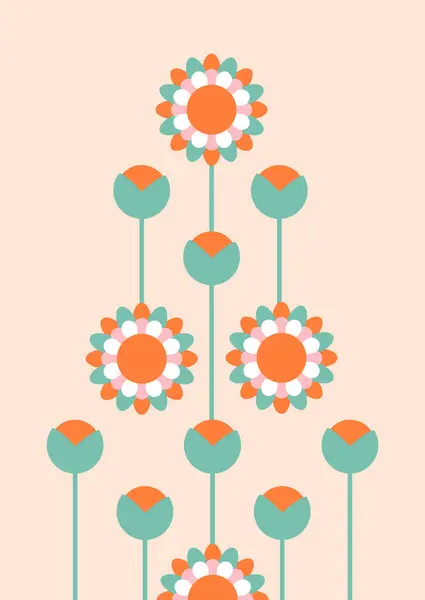 Modern geometri çiçekleriyle dolu bir kartpostal. Turuncu ve yeşil süs. Renkli Çiçekler. Soyut stil. Retro elementler. 70 'ler Retro Renkli Çiçekler Seti, 1970, Groovy tarzı, Daisy çiçekleri. Hippi elementleri