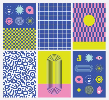 Moda etiketleri Y2k. Retro elementler. Parlak renkler, acayip tipografi. Zine estetik ve retro titreşimler. Yönlendirilmiş şekiller: el, göz ve gülümseme. Dama tahtası. Vektör illüstrasyonu