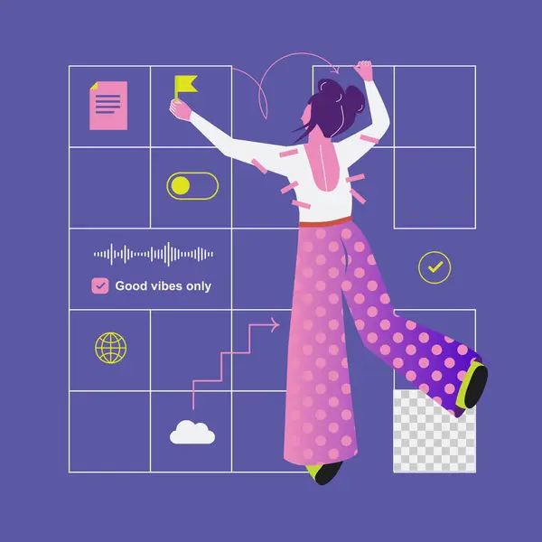 Menajer, program, online iletişim. İş ve eğitim için Y2k vektör illüstrasyonu. Oyun küresi ve Siber dalga. Rüya takım Y2k. Buhar dalgası 3.0. Retro elementler. Parlak renkler, funky