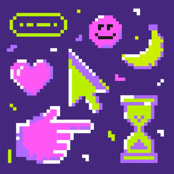 Y2k modayı takip eden etiketler. 90 'ların estetik havasındaki piksel elementler. Geometrik gaddarlık şekli. 8-bit retro tarzı illüstrasyon. Mezuniyet geçmişi. Basit formlar, semboller. Vektör illüstrasyonu
