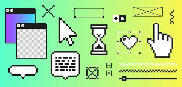 Y2k modayı takip eden etiketler. 90 'ların estetik havasındaki piksel elementler. Geometrik gaddarlık şekli. 8-bit retro tarzı illüstrasyon. Mezuniyet geçmişi. Basit formlar, semboller. Vektör illüstrasyonu