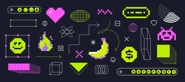 Y2k modayı takip eden etiketler. 90 'ların estetik havasındaki piksel elementler. Geometrik gaddarlık şekli. 8-bit retro tarzı illüstrasyon. Mezuniyet geçmişi. Basit formlar, semboller. Vektör illüstrasyonu