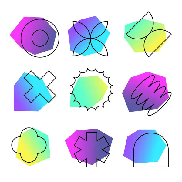 Gradyan Oyuncu Şekilleri. Grafik ve web tasarımı için son moda soyut elementler. Y2k minimum geometri. Modern barbarlık tarzı. Saf posterler için izole edilmiş parlak bir paket. Gelecekçilik renkleri. Vektör illüstrasyonu