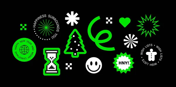 Mutlu yıllar için Y2k çıkartmaları ve Noel 'de eğlenceli geçmişe dönük unsurlar ve geometri şekilleriyle evlen. Neon renkleri. Vektör illüstrasyonu