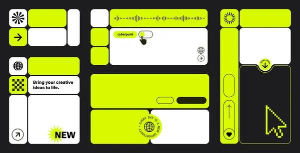 Y2k modayı takip eden etiketler. 90 'ların estetik havasındaki piksel elementler. Geometrik gaddarlık şekli. 8-bit retro tarzı illüstrasyon. Siyah arka plan. Basit formlar, semboller. Vektör illüstrasyonu