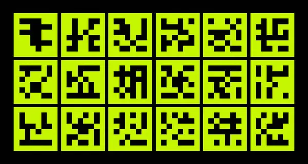 Pikseller trend, QR - desen, soyut, minimal grafik tasarım, hücre 8 bit, rave, yeşil arkaplanda QR kodları dizisi. Yeşil ekran. - Evet. Vektör illüstrasyonu