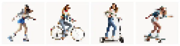 Moda Pikseli Sanat Koleksiyonu. İnsanlar ve spor. Pikselli kızlar kaykay, bisiklet, scooter, paten kullanır. Siber Gelecek Konsepti için. Oyun elemanları. Moda retro geometrisi. - Evet. Vektör illüstrasyonu