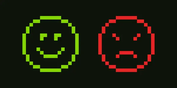 Pikselleştirilmiş minimalist ifade, kötü ve iyi ruh hali kalitesi. Piksel sanatı. Oyun elemanları ya da simgeler. 8-bit gülümseme ve kızgın ifade. Üzgün ve kızgın. Vektör illüstrasyonu