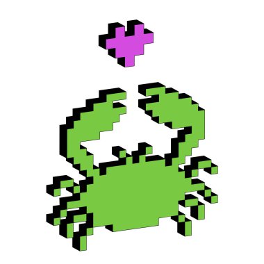 Yürekli pikselli yengeç. Moda etiketi. Voxel sanatı. Vektör illüstrasyonu