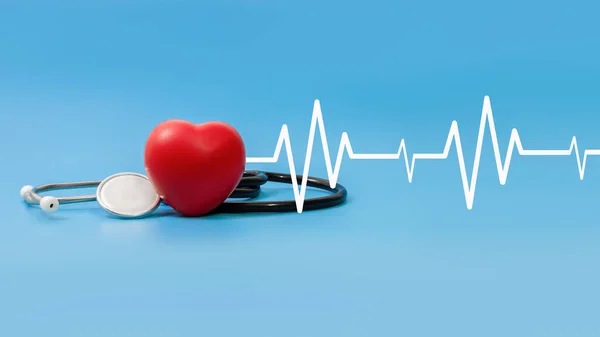 Stethoscope and heart monitor, red heart wave symbol on blue background, health concept