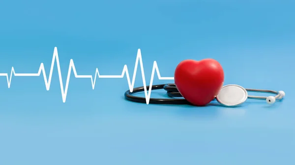 Stethoscope and heart monitor, red heart wave symbol on blue background, health concept