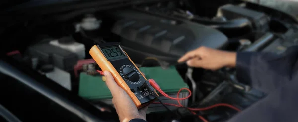 Technician Checking Electrical System Car — Stok fotoğraf