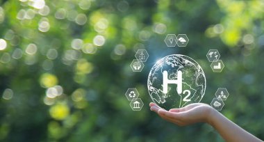 H2 Geleceğin iklim dostu enerji çözümleri yeşil sanayi ve alternatif enerji net sıfır sera gazı emisyonları, temiz hidrojen enerji kavramı elde etmek için.