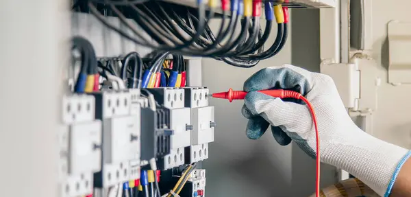Electrical engineer checking the operation of electrical control cabinet, maintenance concept.