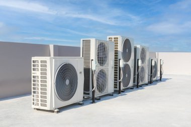Air conditioning (HVAC) installed on the roof of industrial buildings.