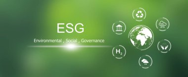 ESG simgesi konsepti, çevre, toplum, yeşil arka planda sürdürülebilir ve etik sektörde yönetim.