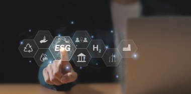 ESG simgesi konsepti, çevre, toplum, yeşil arka planda sürdürülebilir ve etik sektörde yönetim.