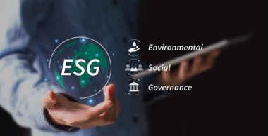 ESG simgesi konsepti, çevre, toplum, yeşil arka planda sürdürülebilir ve etik sektörde yönetim.