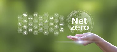 Ağ Sıfır simgeleri. CO2 Net-Sıfır Emisyonu - Karbon Nötralite kavramı.