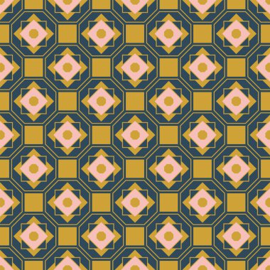 Açık pembe ve hardal renginde koyu mavi arkaplanda geometrik desen