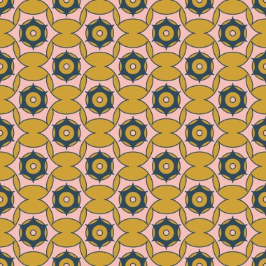 Açık pembe ve hardal renginde koyu mavi arkaplanda geometrik desen