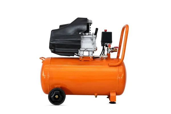 橙色空压机一个外部压缩机 白色衬底上红色工业压缩机 — 图库照片