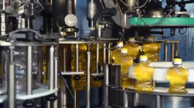 Şişedeki ayçiçeği yağı üretim hattında ilerliyor. Ayçiçeği yağı üretim fabrikası
