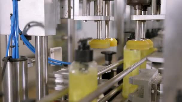 Zautomatyzowane Napełnianie Produktów Chemicznych Plastikowe Butelki Pet Wypełnione Płynnym Detergentem Filmik Stockowy