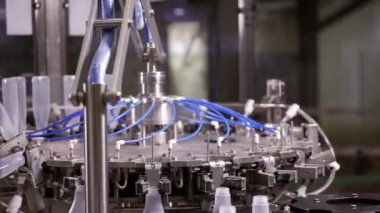 Sos üretim hattı. Yarı şeffaf plastik şişeler üretim hattından geçiyor. Sosu işlemek için otomatik çizgi