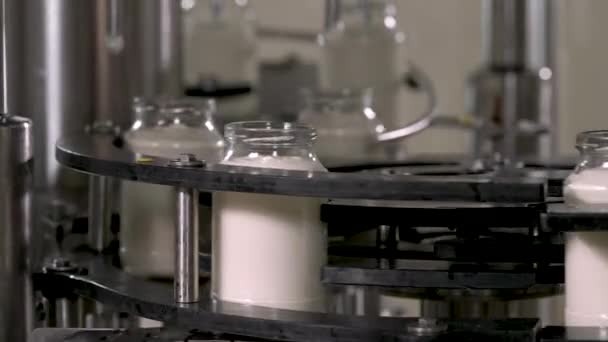 玻璃瓶中的蛋黄酱在生产线上移动 蛋黄酱生产厂 图库视频片段