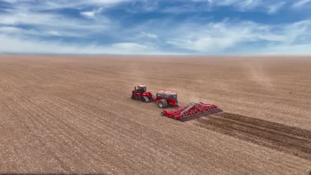 红色联合收割田里的小麦 顶部视图 在田里工作的收割机 无人机的俯瞰 图库视频