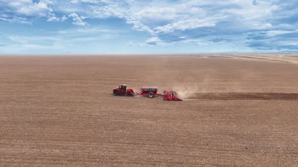 Roter Mähdrescher Erntet Weizen Auf Dem Feld Ansicht Von Oben Stock-Filmmaterial